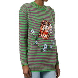 Gucci Womens Wool Striped Leopard Head Sweater Green