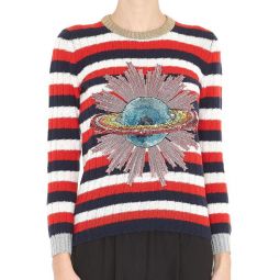 Gucci Womens Wool Sequin Patch Planet UFO Striped Sweater Red Blue