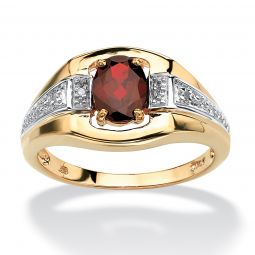 Mens Yellow Gold-Plated Sterling Silver Oval Cut Genuine Red Garnet and Diamond Accent Ring