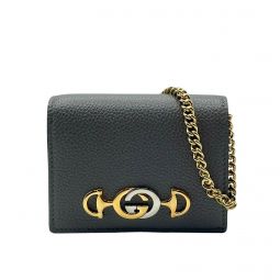 Gucci Zumi Womens Grey Leather Gold Chain Bi-Fold Mini Wallet GG Logo 570660 1275