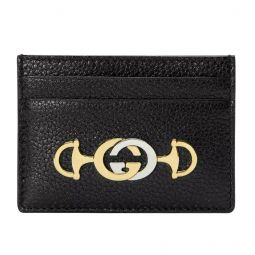 Gucci Womens Zumi Black Leather Card Holder Wallet Metal GG Logo 570679 1000
