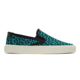 Saint Laurent Mens Cotton Leather Leopard Slip-on Sneakers Blue