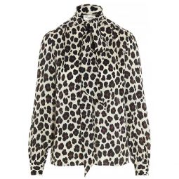 Saint Laurent Womens Leopard Print Silk Blouse Shirt Cream