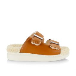 Alexander McQueen Womens Hybrid Shearling Leather Slide Sandals in Brown