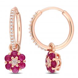 Diamond And White Sapphire Ruby Hoop Earrings 10K Pink Gold