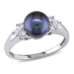 Diamond and 7-7.5 mm Black Freshwater Cultured Pearl Fashion Ring in 14k White Gold