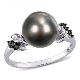 Black and White Diamond and 9-9.5 mm Black Tahitian Cultured Pearl Fashion Ring in 10K White Gold with Black Rhodium