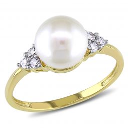 Diamond and 7.5-8 mm White Freshwater Cultured Pearl Fashion Ring in 10K Yellow Gold