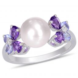 Diamond And Tanzanite Amethyst And 8-8.5 mm White Freshwater Cultured Pearl Fashion Ring in Sterling Silver