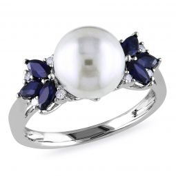 Diamond And Sapphire And 9-9.5 mm White Freshwater Cultured Pearl Fashion Ring in 10K White Gold