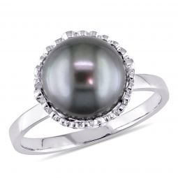 Diamond and 9.5-10 mm Black Tahitian Cultured Pearl Halo Ring in 14K White Gold