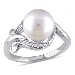 Diamond and 8.5-9 mm White Freshwater Cultured Pearl Accent Ring in 10K White Gold