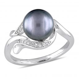 Diamond and 8.5-9 mm Black Tahitian Cultured Pearl Accent Ring in 14K White Gold