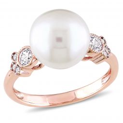 Diamond And White Sapphire And 9.5-10 mm White Freshwater Cultured Pearl Accent Ring in 10K Pink Gold
