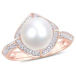 Diamond and 8.5-9 mm White Freshwater Cultured Pearl Halo Ring in 10K Pink Gold