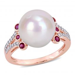 Diamond And Ruby And 11-12 mm White Freshwater Cultured Pearl Fashion Ring 10K Pink Gold