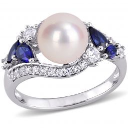Created Blue Sapphire Created White Sapphire And 8-8.5 mm White Freshwater Cultured Pearl Fashion Ring in 10K White Gold
