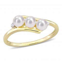 Diamond and 3.5-4 mm White Freshwater Cultured Pearl Crosssover Ring in 10K Yellow Gold