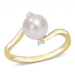 Diamond and 7-7.5 mm White Freshwater Cultured Pearl Fashion Ring in 10K Yellow Gold