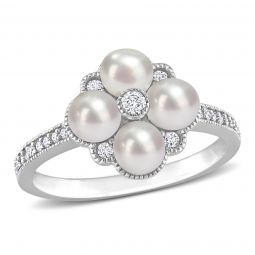 Diamond and 4-4.5 mm White Freshwater Cultured Pearl Cluster Ring in 14K White Gold