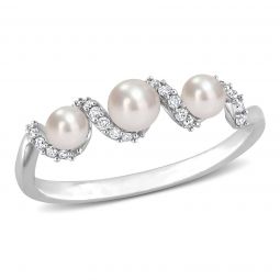 Diamond and White Freshwater Cultured Pearl Swirl Ring in 14K White Gold