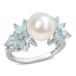 Diamond And Aquamarine And 9-9.5 mm White Freshwater Cultured Pearl Flower Ring in 14K White Gold