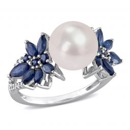 Diamond And Sapphire And 9-9.5 mm White Freshwater Cultured Pearl Fashion Ring in 14K White Gold