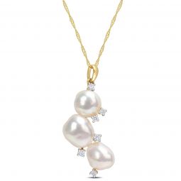 Diamond and White Freshwater Cultured Pearl Graduated Pendant With Chain in 14K Yellow Gold