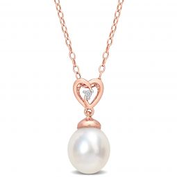 White Topaz And 8-9 mm South Sea Cultured Pearl Heart Pendant With Chain in Pink Silver