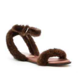 Valentino Womens Mink Fur Leather Ankle-Strap Flat Sandals Brown