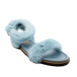 Valentino Womens Mink Fur Leather Ankle-Strap Flat Sandals Light Blue