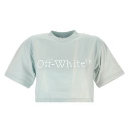 Off-White Womens Cropped Cotton Logo T-Shirt in Blue