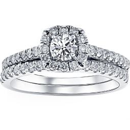 1ct Cushion Halo Diamond Engagement Wedding Ring Set 14K White Gold