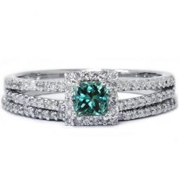 3/4ct Blue Diamond Princess Cut Halo Diamond Engagement Ring Set 14K White Gold
