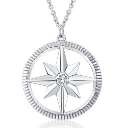 Compass Diamond Solitaire Pendant 14k White Gold Womens Necklace