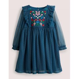 Long Sleeve Tulle Dress - Baltic Blue Embroidered Flower