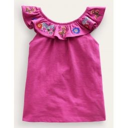 Frill Embroidered Top - Pink Zebras