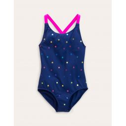 Cross-back Printed Swimsuit - Navy, Rainbow Foil Confetti