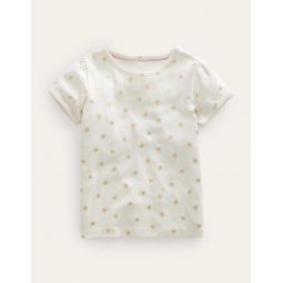 Short-Sleeved Pointelle Top - Ivory/Gold Suns