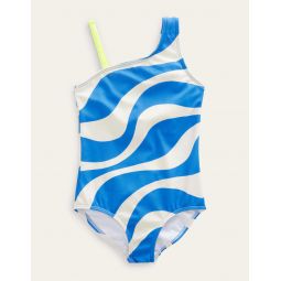One Shoulder Swimsuit - Ivory and Cabana Blue Wave