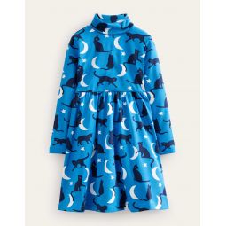 Roll Neck Jersey Dress - Bright Blue Cats