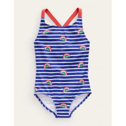 Cross-back Printed Swimsuit - Sapphire Blue Breton Rainbows