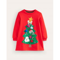 Cosy Applique Sweatshirt Dress - Brilliant Red Christmas Tree