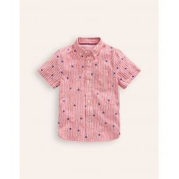Cotton Linen Shirt - Red Stripe Star Embroidery