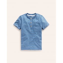 Washed Cotton Henley T-shirt - Indigo Stripe