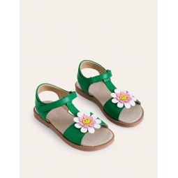 Fun Leather Sandals - Green Smiley Flower