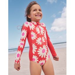 Long-sleeved Swimsuit - Cayenne Red Daisy