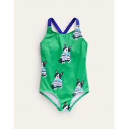 Cross-back Printed Swimsuit - Ming Green Dogs