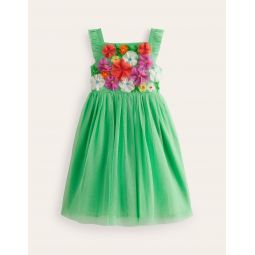 Applique Tulle Dress - Pea Green Flowers