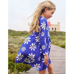 Long Sleeve Fun Jersey Dress - Sapphire Blue Daisies